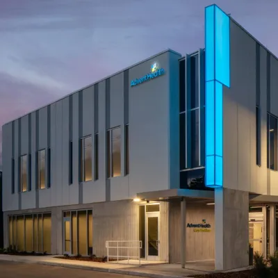 An Exterior Photo of an AdventHealth Care Pavilion at Dawn.