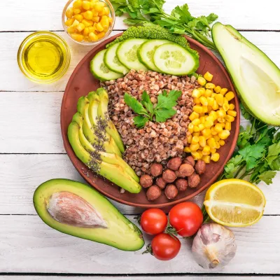 A plate filled with delcious and healthy foods.