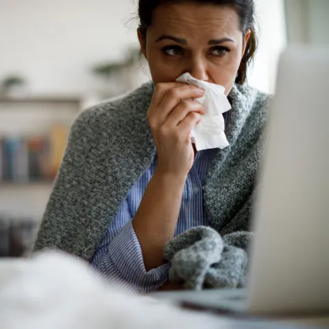A Woman Surfs the Internet on a Laptop as she Touches Her Nose With a Tissue.