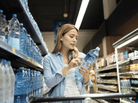 Woman looking at a water bottle at a grocery store.